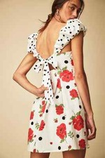 Free People Printed Bom Bom Mini Dress Size L Ivory Cutout at Bust Buttons Det