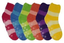 6 Pairs Kids Girls Cozy Fuzzy Bright Stripes Gripper Anti Skid Slipper Socks