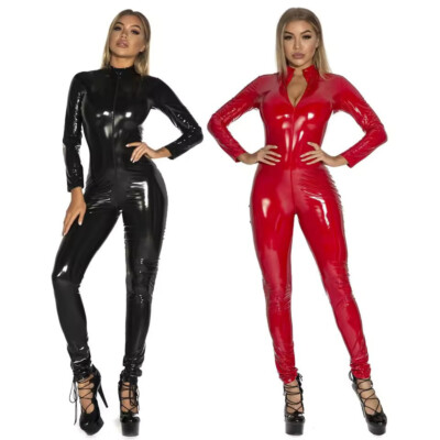 Glänzender Wetlook Lycra PVC Latex Look Damen Catsuit 3 Wege Reißverschluss Overall