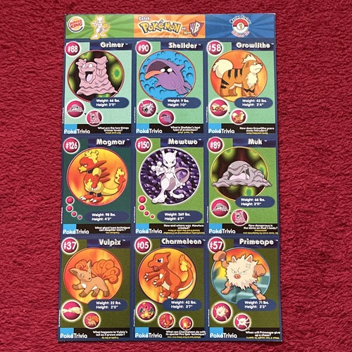 Burger King Pokémon PokéTrivia Uncut Sheet 9 Cards