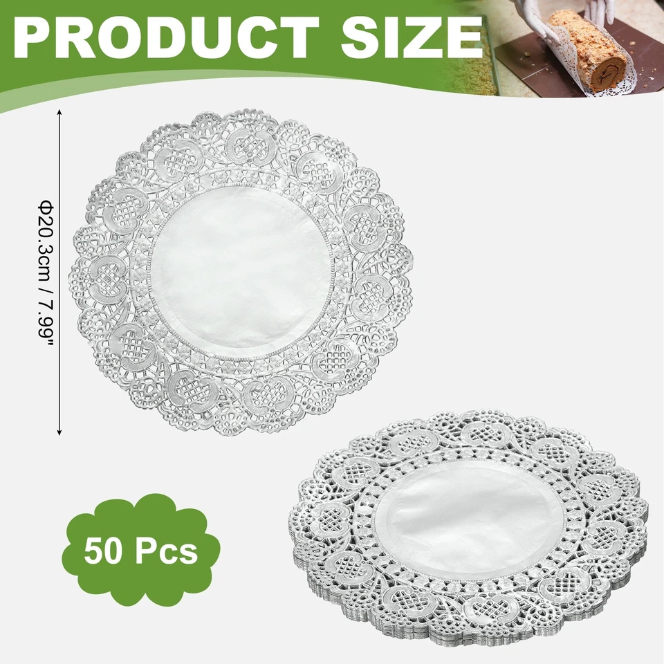Paper Doilies, Round Lace Paper Placemats, 8" & 50 Pack & Silver Foto 2 de 4