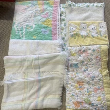 VTG Lot Baby Crib Blanket Quilted Flannel 80’s Animals Satin Assorted Acrylic 7
