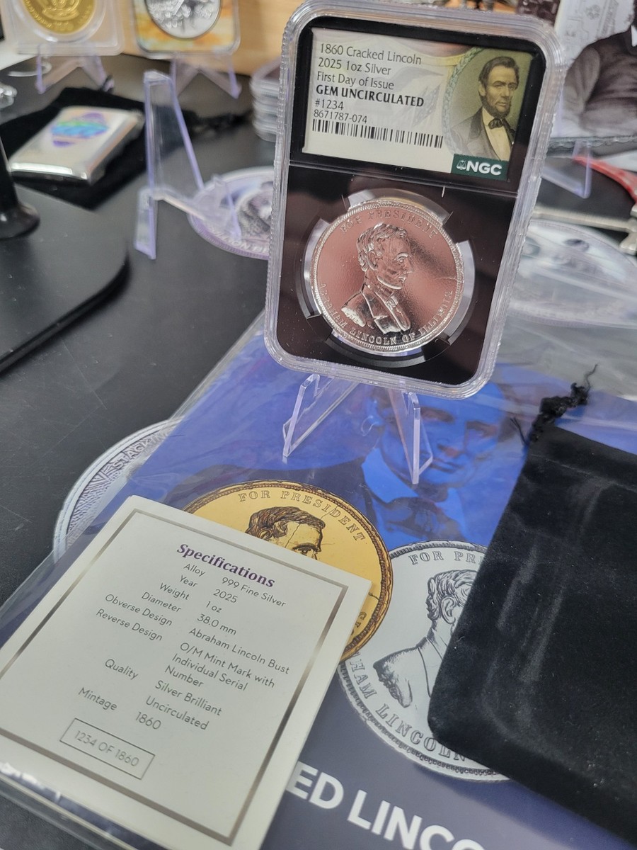 1 Oz Silver 2025 1860 Cracked Lincoln Campaign Medal NGC Gem