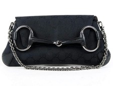 GUCCI Vintage GG Monogram Logo Horsebit Shoulder Bag Chain Black Silver Canvas