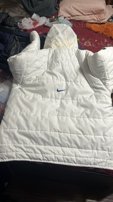 Nike Hooded Puffer Jacket Full Zip White Mens XL Pockets Stand-Up Collar