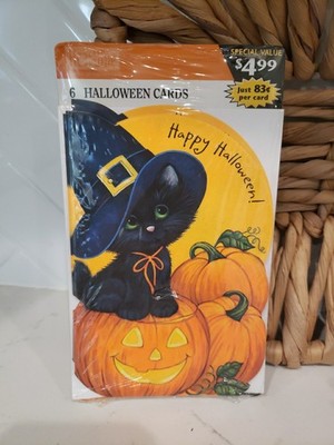 Extremely Rare Vintage Heartline Halloween Card Unused Pack/6 Black Cat Pumpkins