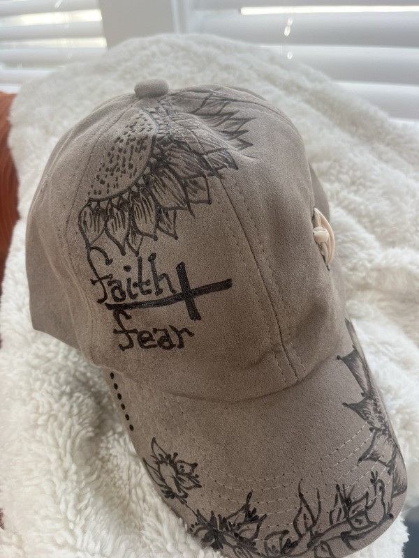 Hand-Burned SUNFLOWER Faith over Fear Baseball Cap Vegan Suede Handmade Art Hat 