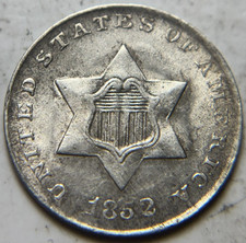 1852 3cs Three Cent Silver. Attractive AU Example!
