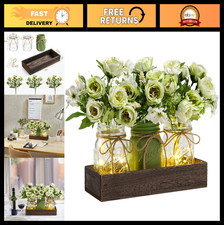 3 Pcs Mason Jar Centerpiece Decor with Wood Tray LED Lights - Farmhouse Table