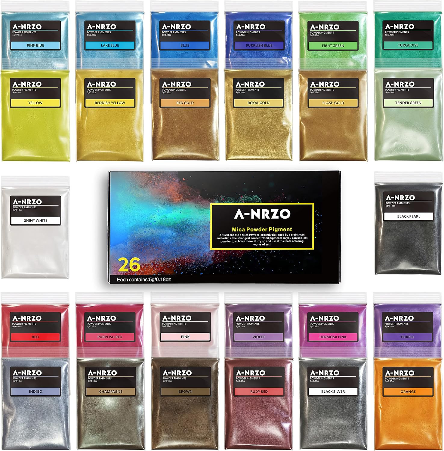 Mica Powder-Resin Pigment 26 Colours 130G Set, Natural Cosmetic Grade Pigment fo