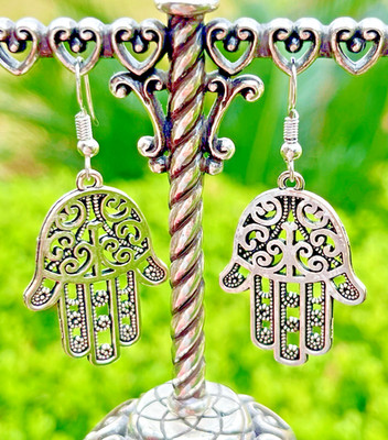 Silver Tone Hamsa Hand Earrings Dangle Hand of Fatima Protective Kabbalah Luck