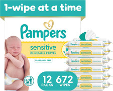 Sensitive Baby Wipes, Fragrance Free, 672 Count, 12 Flip-Top Packs