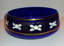 Kristall-Obstschale gold kobaltblau Emaille-Malerei Joska Bohemia 60er/70er Jahr