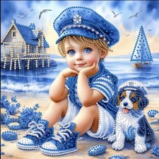 Diamond Art Kit DREAMING OF THE SEA Specialty Gems Adorable Boy Shades Of Blue