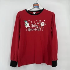 Feliz Navidad Christmas Long Sleeve Tee Santa Snowman Red Black Medium Holiday