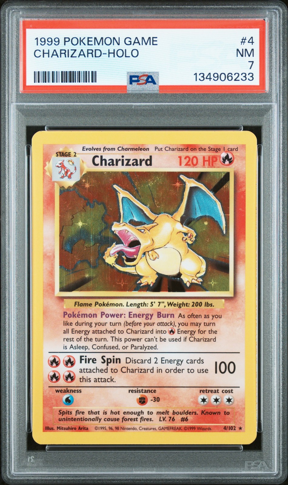 1999 POKEMON BASE SET UNLIMITED #4 CHARIZARD-HOLO PSA 7