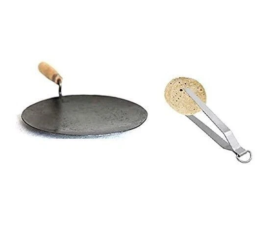 Iron Tawa Roti/Chapati Tawa with Wooden Handle 9-10 Inch with Steel chimta LB-01