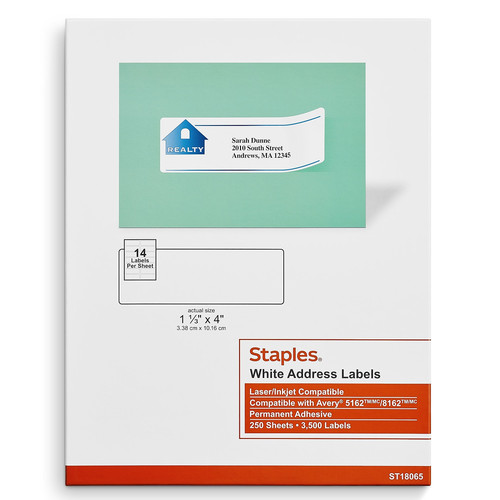 Staples Laser/Inkjet Address Labels 1 1/3" x 4" White 14 Labels/Sheet 489563 - Picture 1 of 5