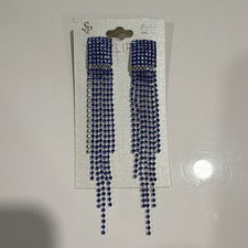 Blue Crystal Rhinestone Tassel Fringe Dangle Clip-On Earrings Silver Tone