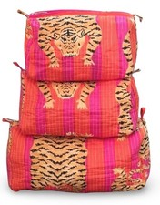 Quilted Cotton Tiger Print Travel Toiletry Bags, Cosmetic Organizer Set, Pink...