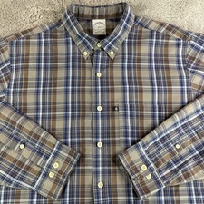 Brooks Brothers 346 Button Down Shirt Men's L Blue Brown Plaid Slim Fit Cotton