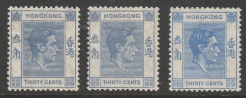 HONG KONG GEORGE VI SG152 30c BLUE (SHADES) x3 MM - 第 1/2 張圖片