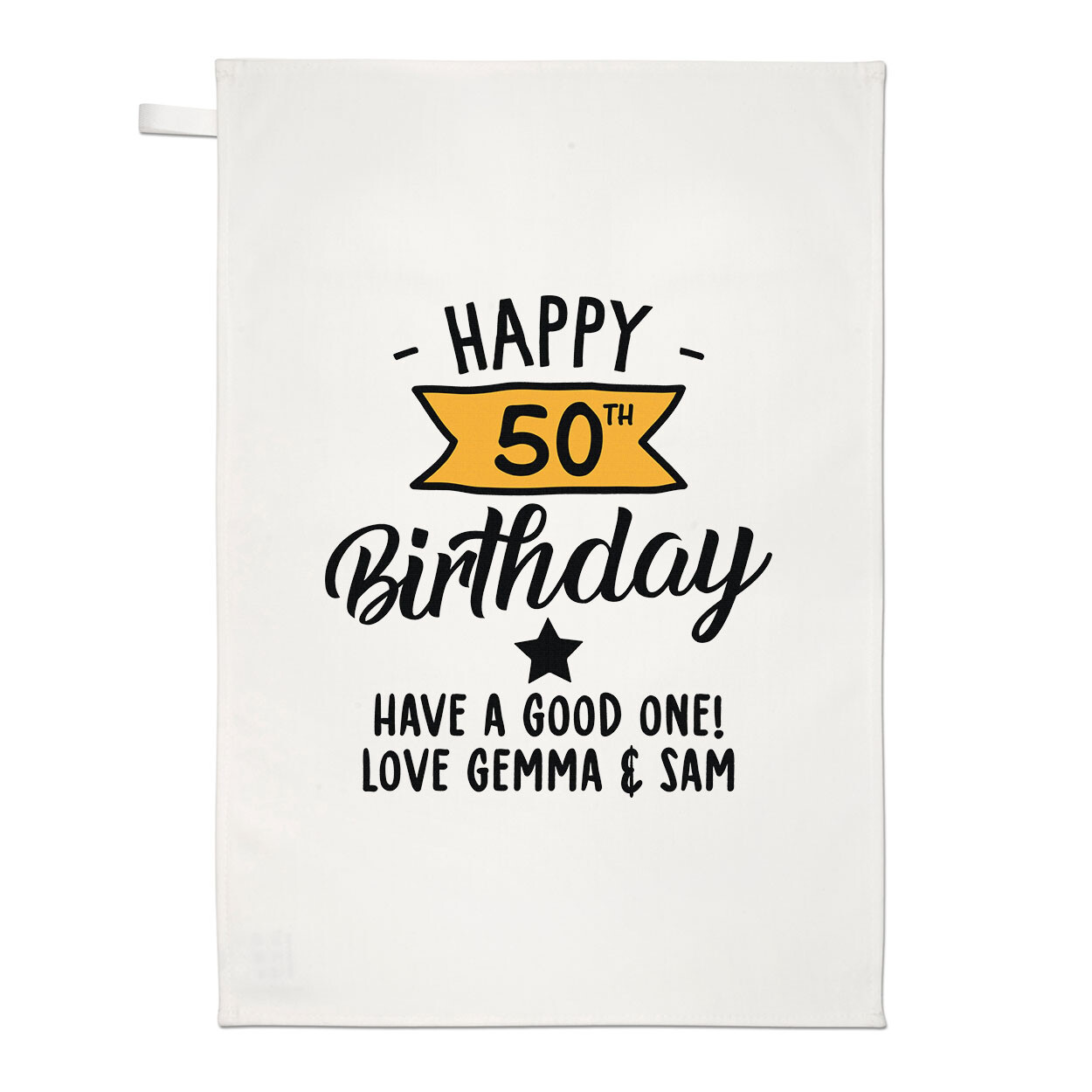 Personalised Happy 50th Birthday Yellow Banner Tea Towel Mum Dad Uncle Auntie