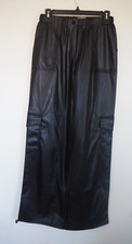 Faux Leather Black Wide Leg Adjustable Jogger Cargo Pull On Vegan Pants Sz 2 NWT