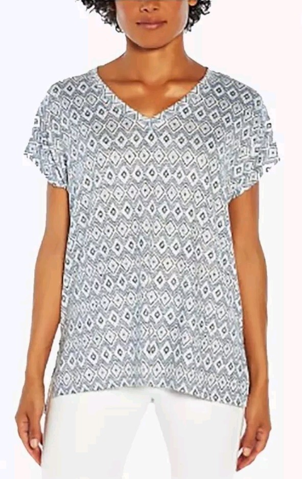 Orvis Womens Tunic Top Size XL Blue Geometric V-Neck Shirt Short Sleeve Soft