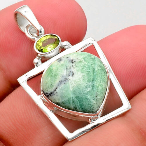 Dendritic Chrysoprase - Africa and Peridot 925 Silver Pendant Jewelry P-1502 - Picture 1 of 5
