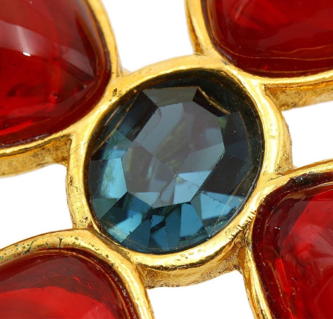 Chanel Gripoie Color Stone Cross Brooch Gold x Red x Blue Ladies