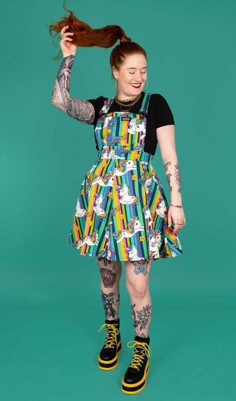 RUN AND FLY Rainbow Unicorn Print Flared Pinafore Dress 8-26