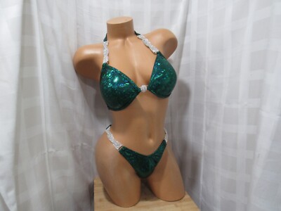 NPC competition FIGURE posing suit  GREEN/BLACK  HOLOGRAM  34B CUP XSMALL BOTTOM