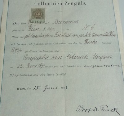 Colloquien-Zeugnis Uni WIEN 1894, Signatur Geograf Albrecht PENCK (1858-1945)