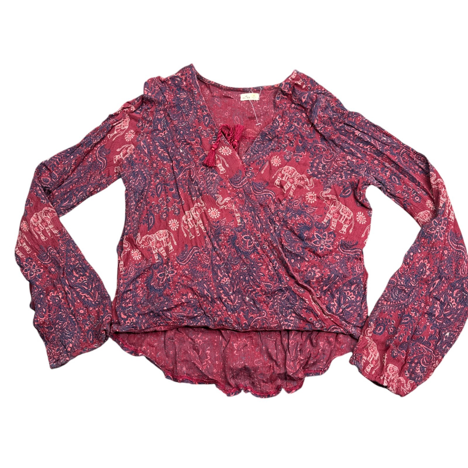 Hollister Co Top Womens Size XS Long Sleeve Red Floral Tunic Boho Blouse