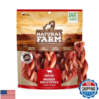 Natural Farm Odor-Free Braided Bully Sticks (4-5 Inch, 10 Pack) - 100% Grass-
