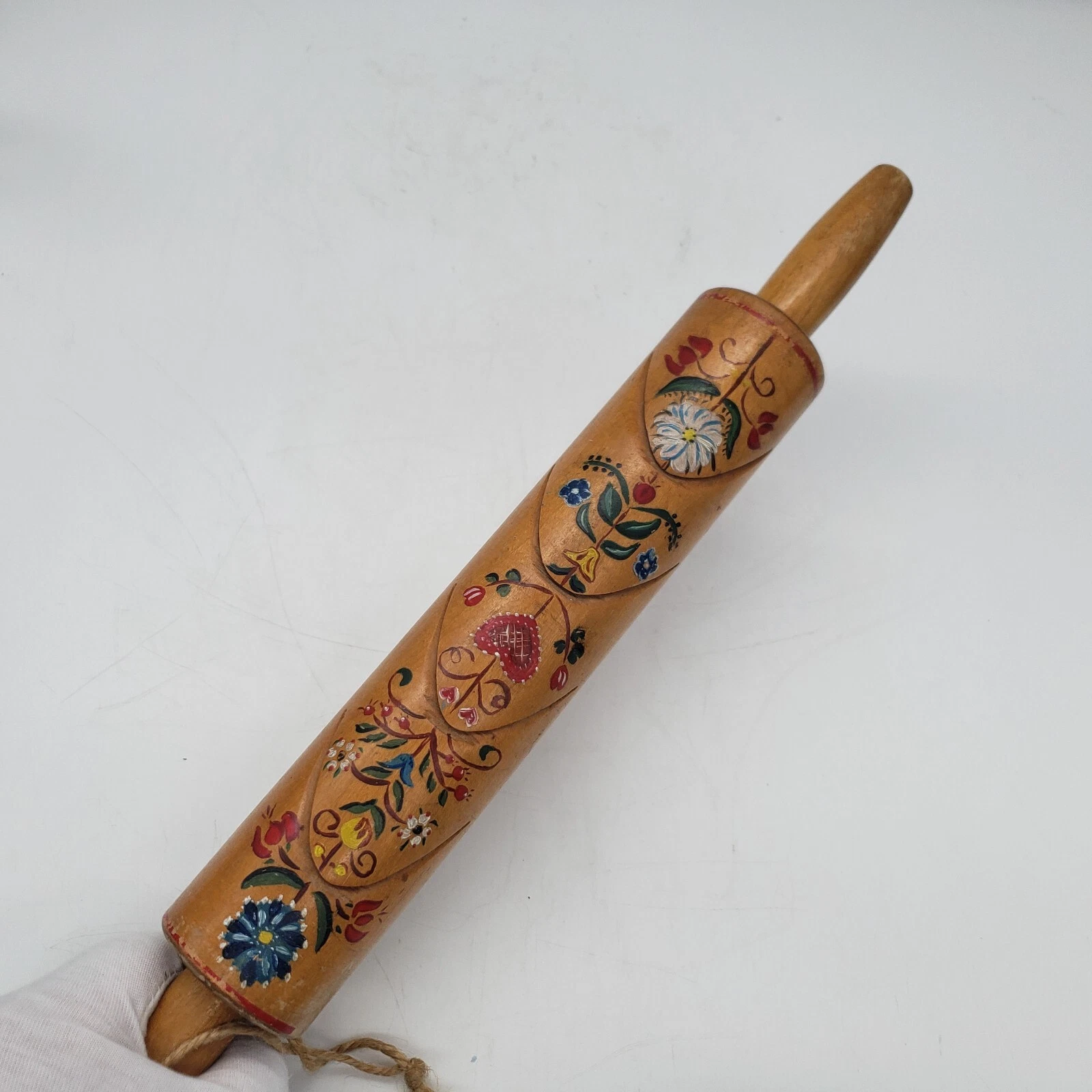 Vtg Hand Painted Polish or Dutch Folk Art Floral Wooden Rolling Pin ~ Signed RBD