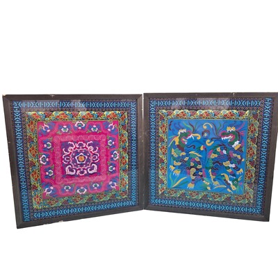 Vintage Handcrafted Tibetan Embroidered Textile Art Tapestry Framed Chinese