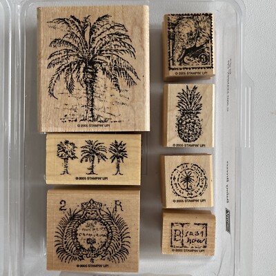 Stampin' Up Balmy Breezes 7 pc Stamp Set; Palm Trees Pineapple Elephant