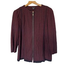 Misook Knit Jacket Women Med Red Black Herringbone Zip Front 3/4 Sleeve Blazer