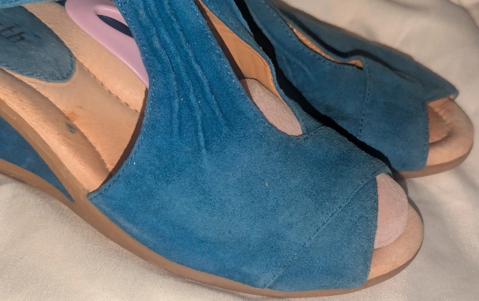 Earth Caper 女式 7.5 B 码侧扣楔形高跟鞋波罗的海蓝色麂皮绒凉鞋 — 第 2/4 张图片