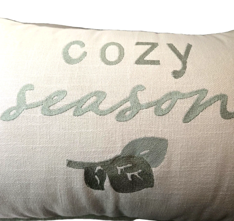 Cottage Core "Cozy Season" Woven 11.5x18.5 Green Embroidered Lumbar Throw Pillow - Image 2 of 4