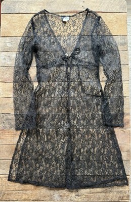 DE LA BRONX, Vintage Black Lace Robe w/ Front Tie, Size M