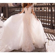 Elegant Mermaid Wedding Dresses O-Neck Long Sleeves Lace Applique Bridal Gowns