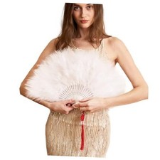 Handheld Marabou Feather Fan, 1920s Vintage Style Flapper Hand Fan for WHITE