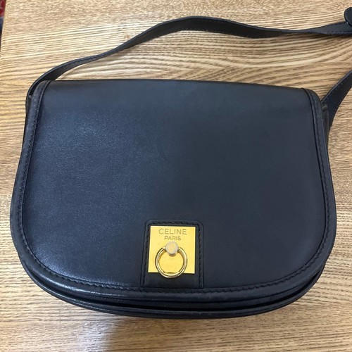 CELINE Shoulder Bag Simple Design Gold Logo Plate Black Authentic