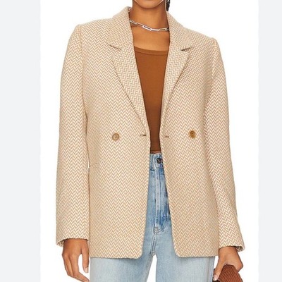 Anine Bing Women's XL Fishbone Herringbone Double Breasted Blazer Jacket Tan