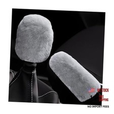 2PCS Plush Car Gear Shift Knob Cover  Handbrake Cover, Furry Light Gray