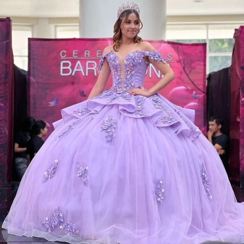 Vestido de Quinceañera Lavanda Dulce 16 Hombro Descubierto Fiesta Baile Flash Vestido de Baile
