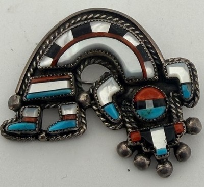 Rainbow Man Kachina Brooch Pendant Signed JC Red coral Turquoise Mop Black Onyx